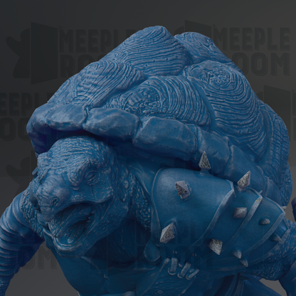 A close-up view of a blue, armored turtle statue with spikes protruding from its shell.