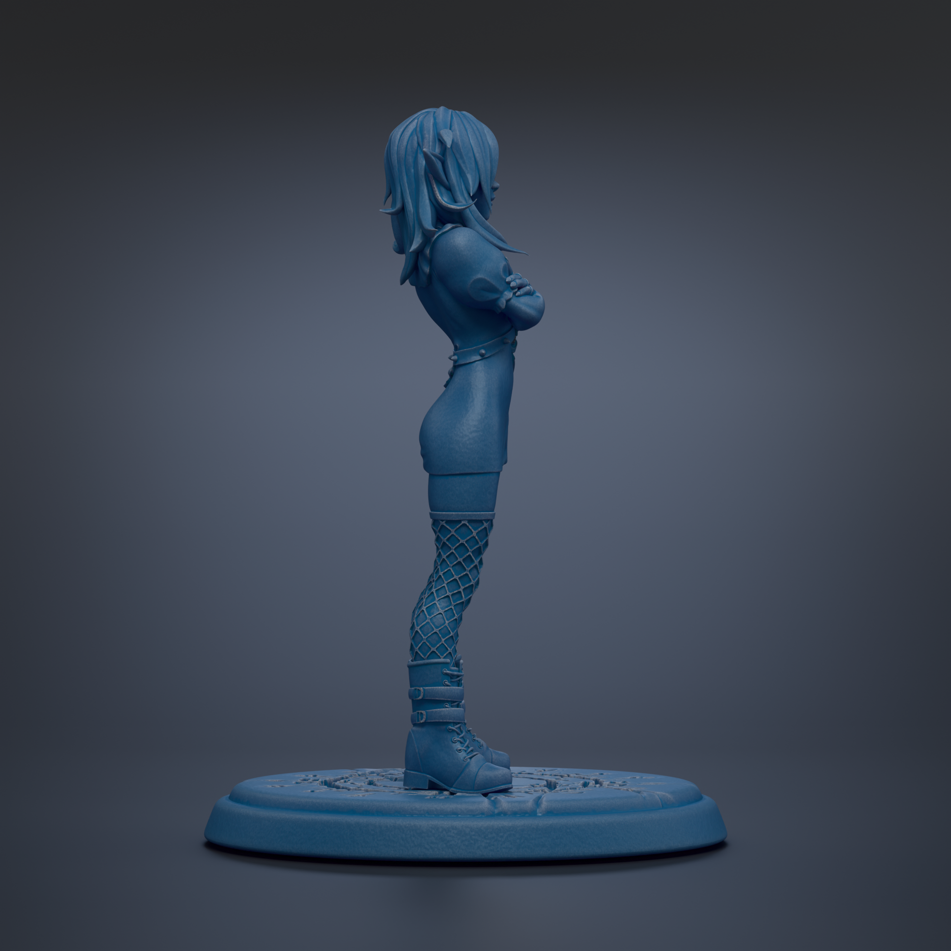 A blue 3D model of a female character with long hair and a serious expression, standing on a blue base.