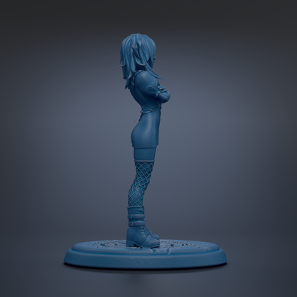 A blue 3D model of a female character with long hair and a serious expression, standing on a blue base.