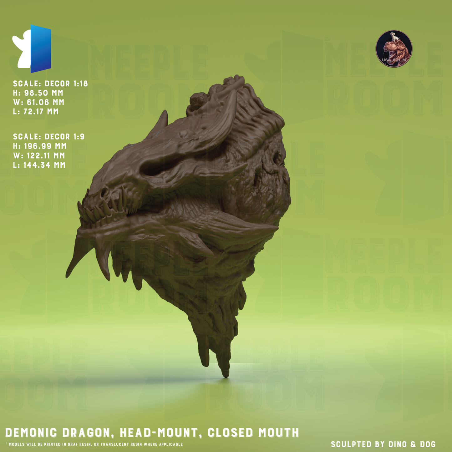 Demonic Dragon, Head-Mount by Dino & Dog | Miniature | TTRPG | Unpainted | Print on Demand