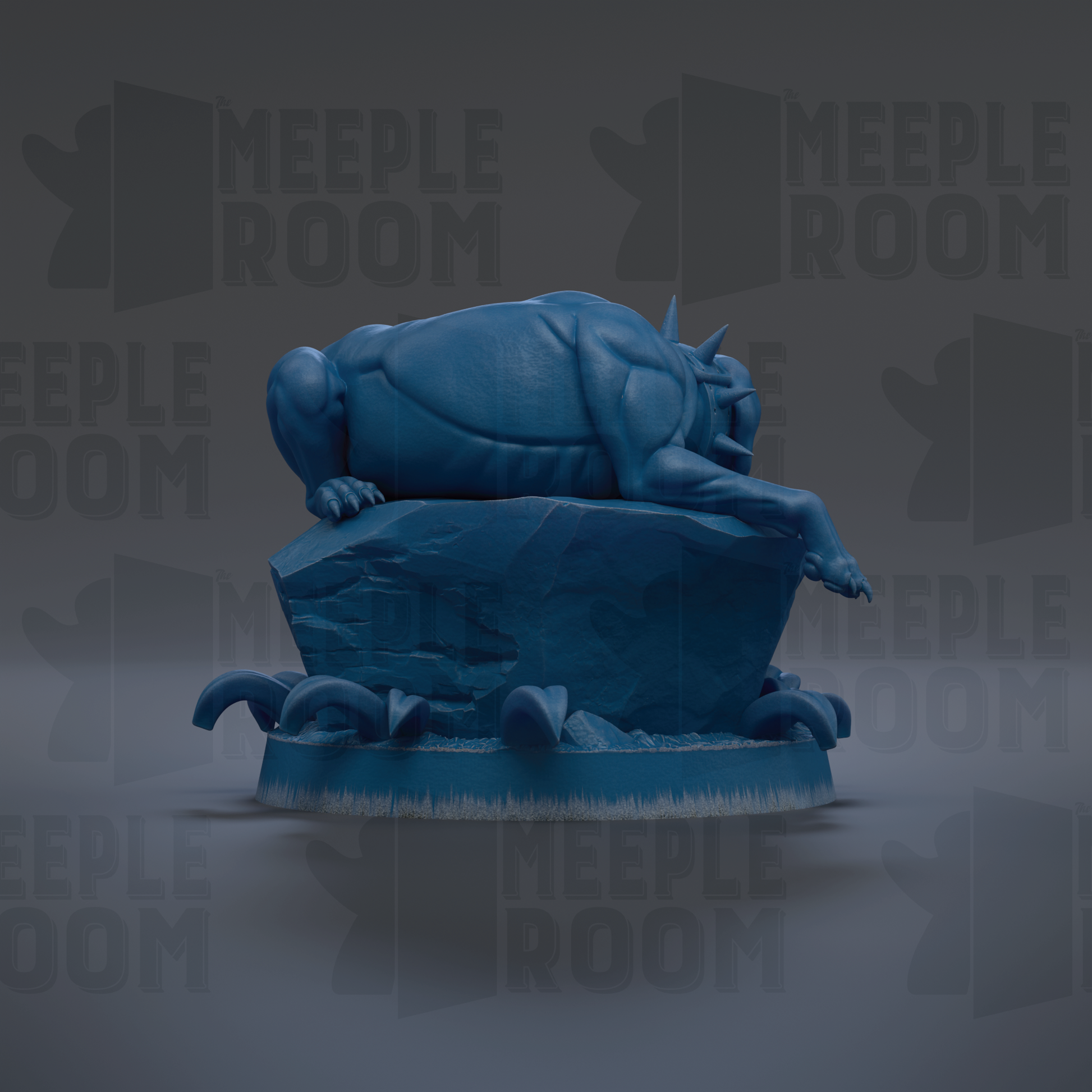 A blue statue of a lion sitting on a rock.