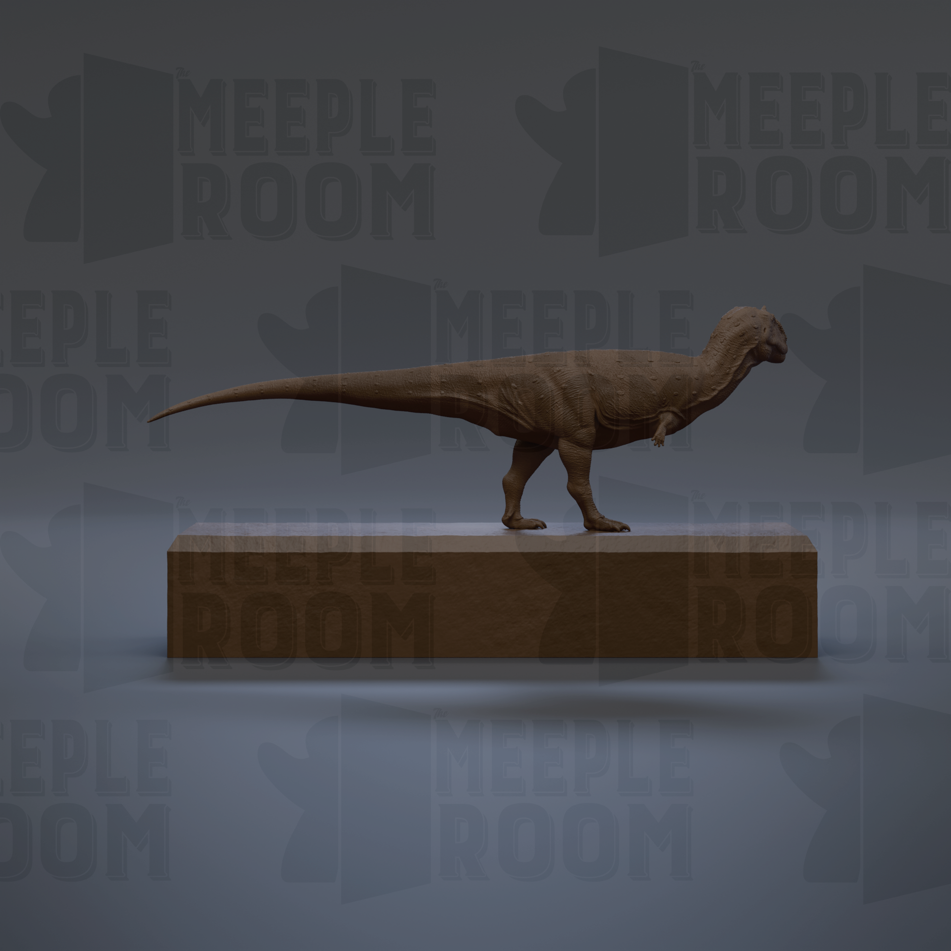 A 3D rendering of a T-Rex dinosaur statue standing on a wooden platform.