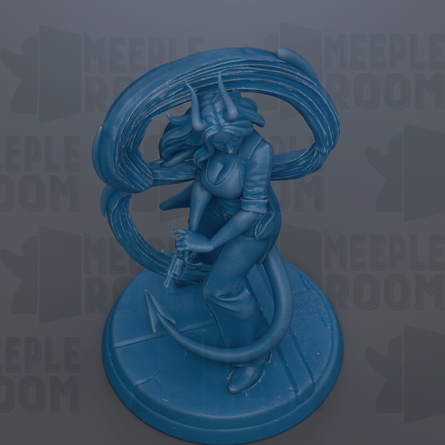 A blue statue of a woman with horns, holding a weapon, standing on a pedestal.