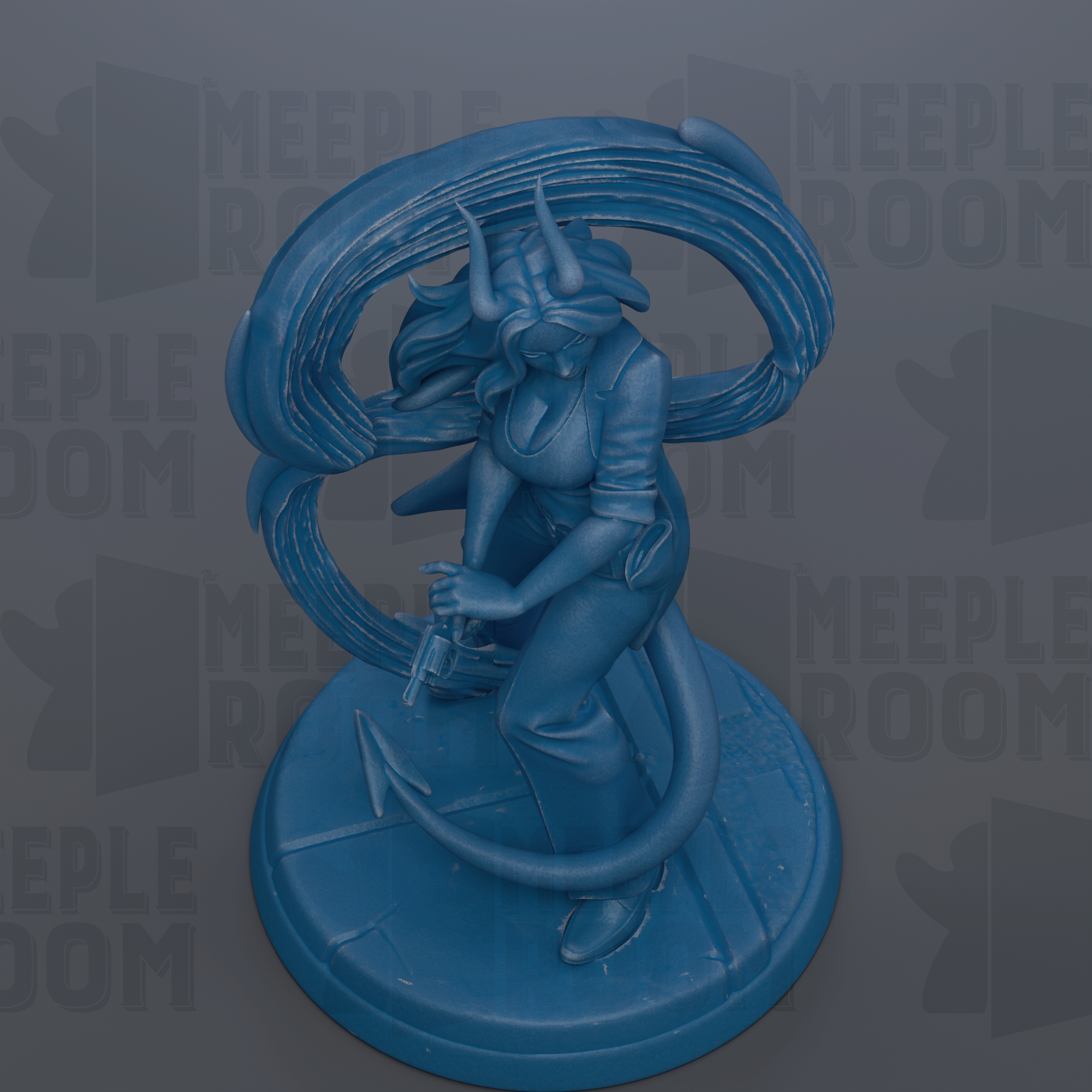 A blue statue of a woman with horns, holding a weapon, standing on a pedestal.