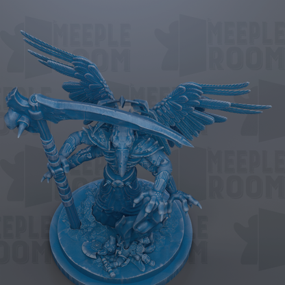 A detailed 3D rendering of a winged, armored figure with a sword and shield, set against a dark background with repeated text.