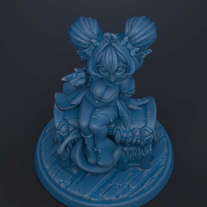 A blue, 3D-rendered statue of a fantastical female character with large, pointy ears and a unique hairstyle.