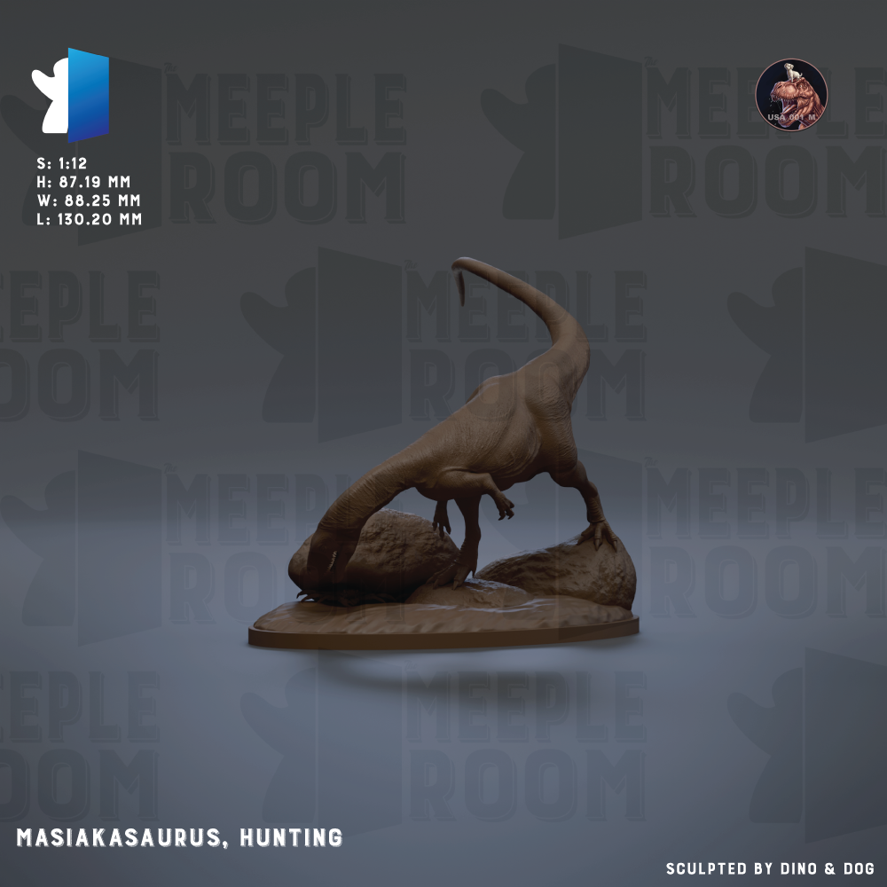 The image is a 3D model of a Masiakasaurus, a hunting dinosaur, displayed on a platform. The background of the image is a dark gray color, and there is text overlaying the image that includes the words "MEEPLE ROOM" and "MEEPLE ROOM".