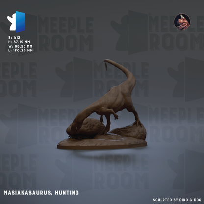 The image is a 3D model of a Masiakasaurus, a hunting dinosaur, displayed on a platform. The background of the image is a dark gray color, and there is text overlaying the image that includes the words "MEEPLE ROOM" and "MEEPLE ROOM".