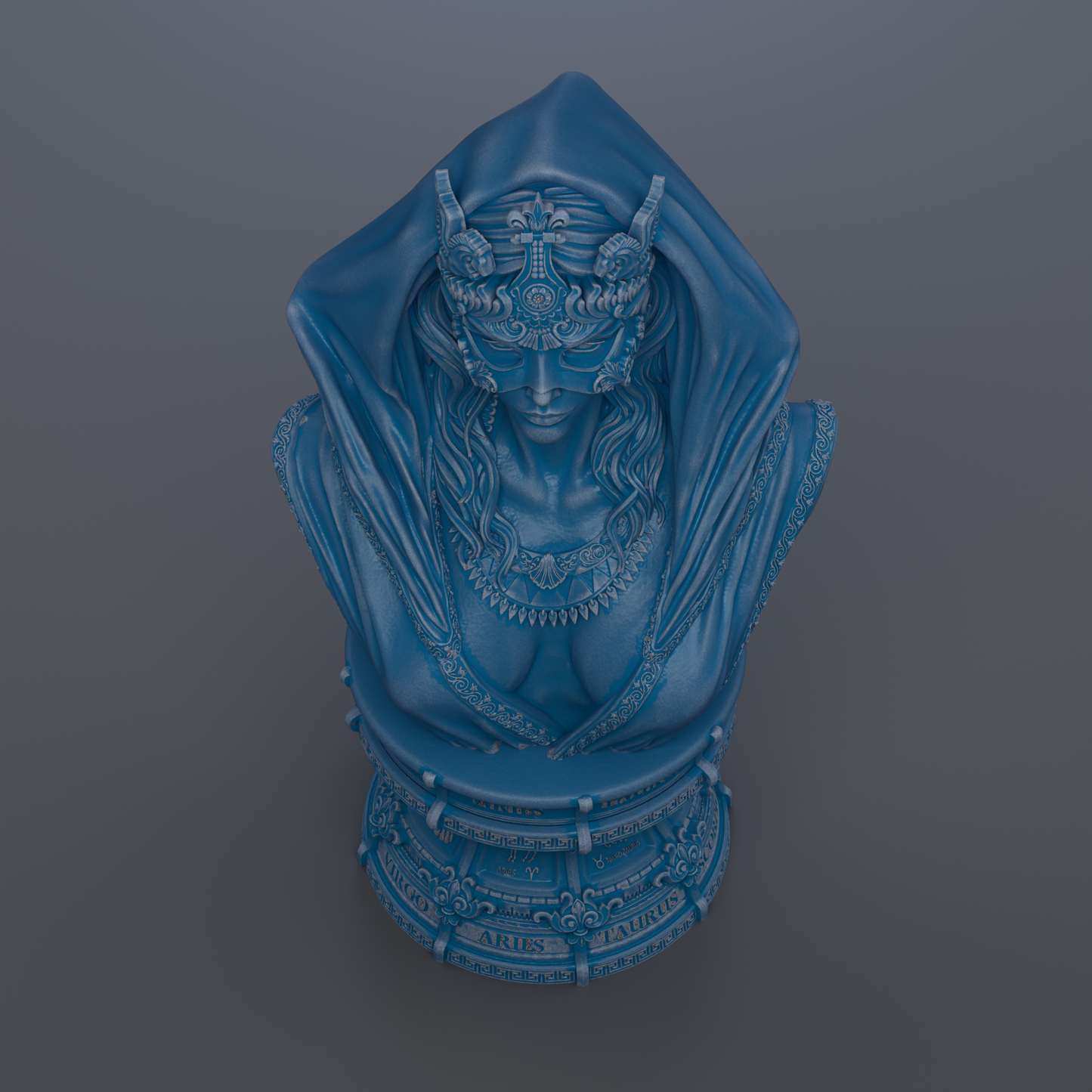 A blue bust sculpture depicting a woman with a hooded cloak and intricate headdress.