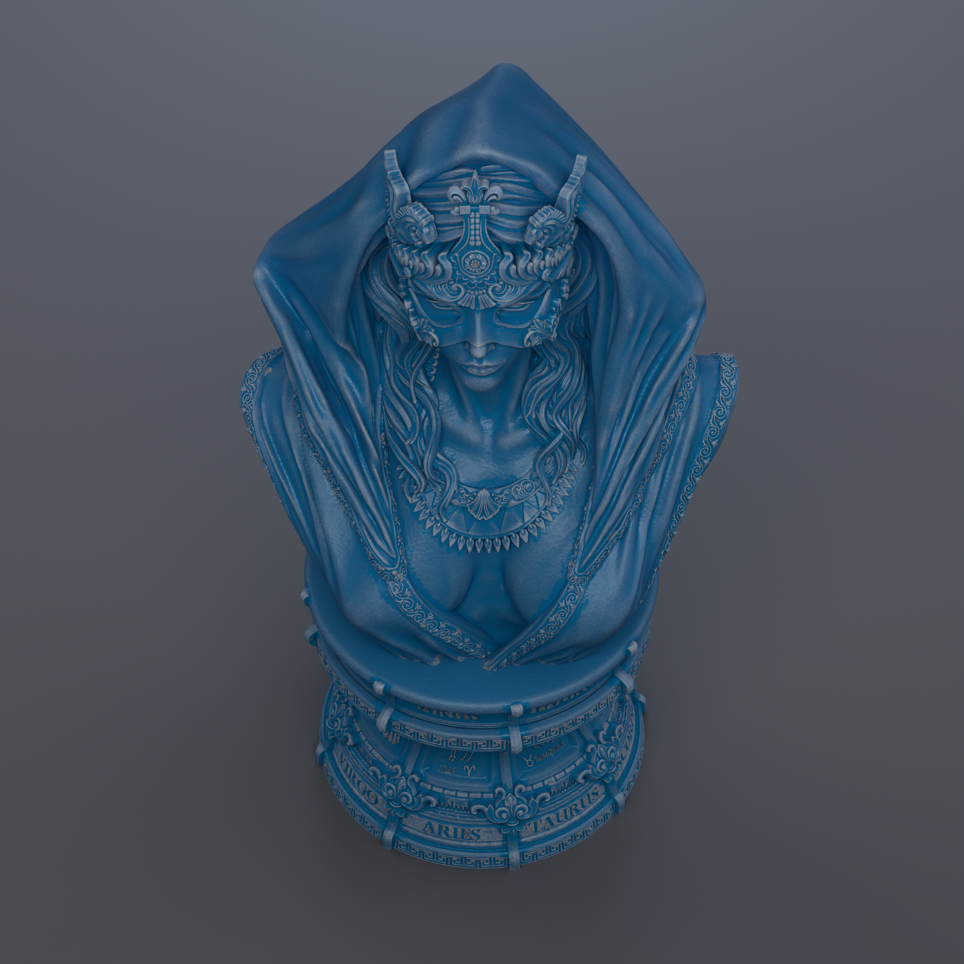 A blue bust sculpture depicting a woman with a hooded cloak and intricate headdress.