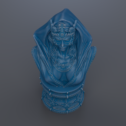 A blue bust sculpture depicting a woman with a hooded cloak and intricate headdress.