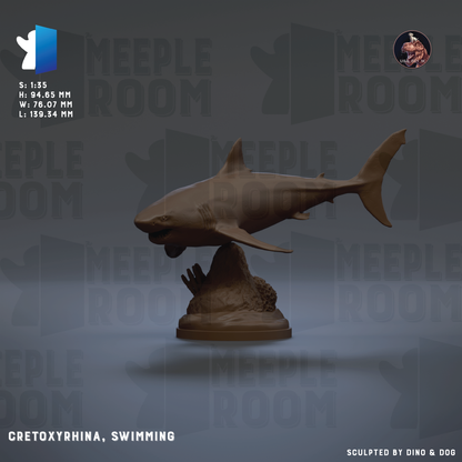 The image is a 3D rendering of a shark sculpture, specifically a Cretoyrhinidae, swimming. The sculpture is placed on a base and is the main focus of the image.