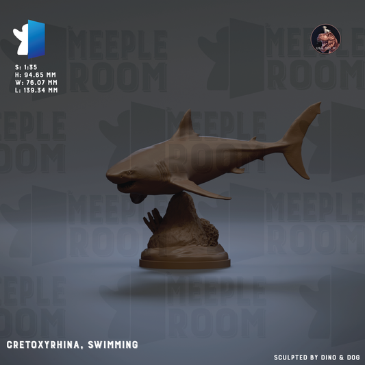 The image is a 3D rendering of a shark sculpture, specifically a Cretoyrhinidae, swimming. The sculpture is placed on a base and is the main focus of the image.