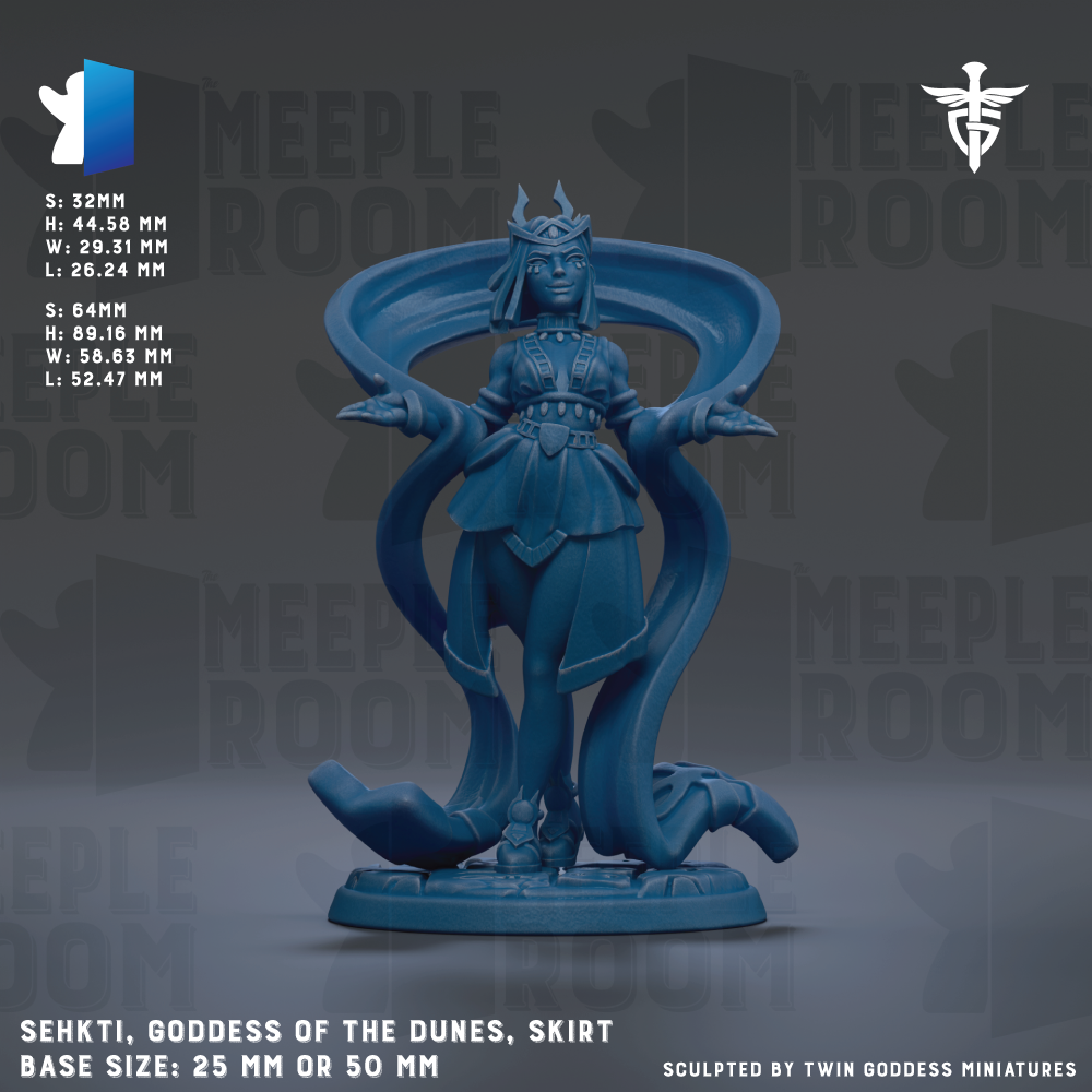 The image is a detailed 3D rendering of a statue of a female deity, specifically the goddess of the dunes, with a skirt. The statue is shown in a dynamic pose, with a large headdress and a flowing skirt. The base size of the statue is either 25mm or 50mm. The image is a collage of multiple images, and it is described as a sculpture by Twin Goddess Miniatures.