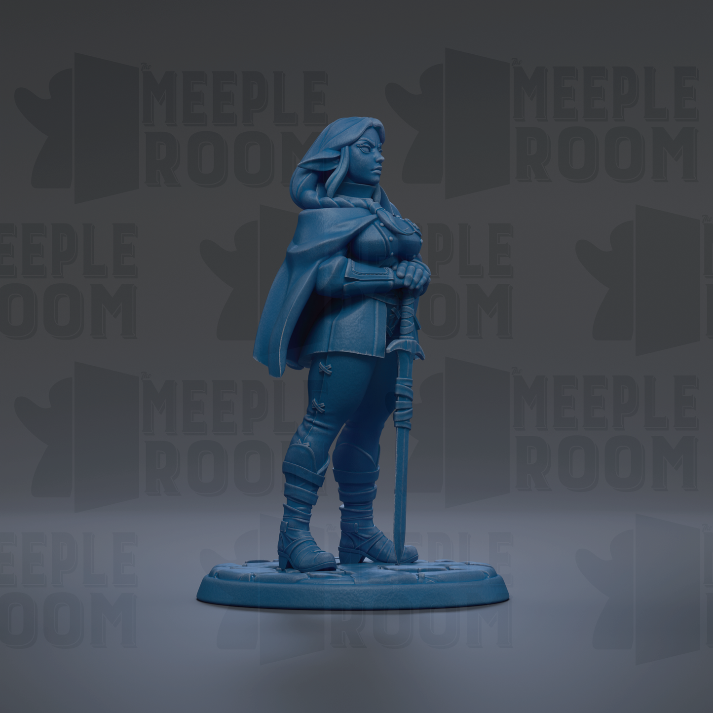 A blue figurine of a woman holding a sword stands on a base against a dark background with repeated text.