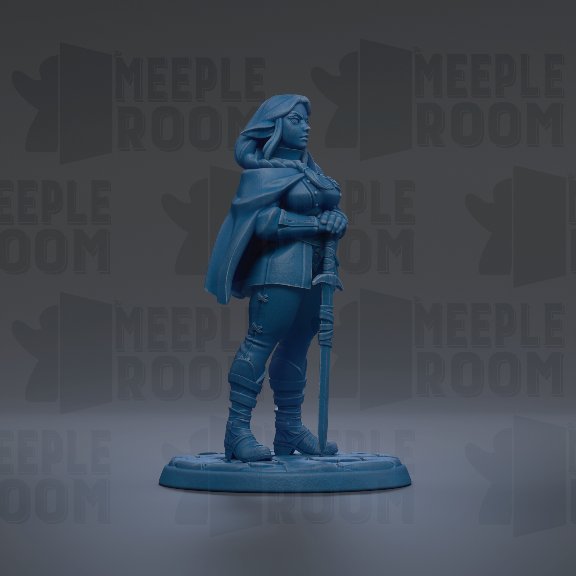 A blue figurine of a woman holding a sword stands on a base against a dark background with repeated text.