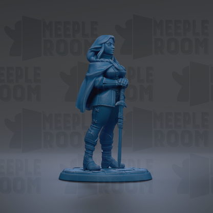 A blue figurine of a woman holding a sword stands on a base against a dark background with repeated text.