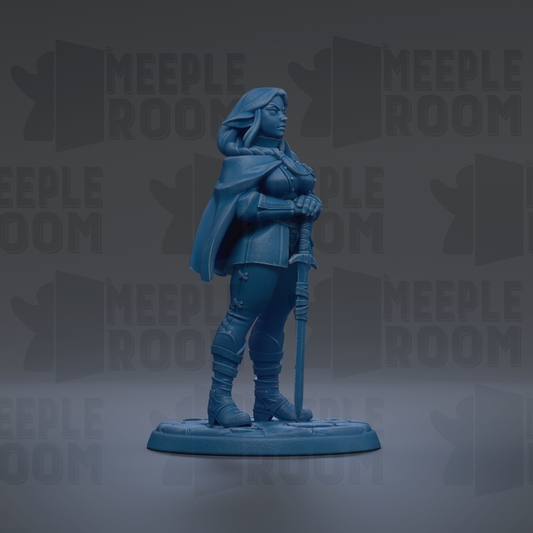 A blue figurine of a woman holding a sword stands on a base against a dark background with repeated text.