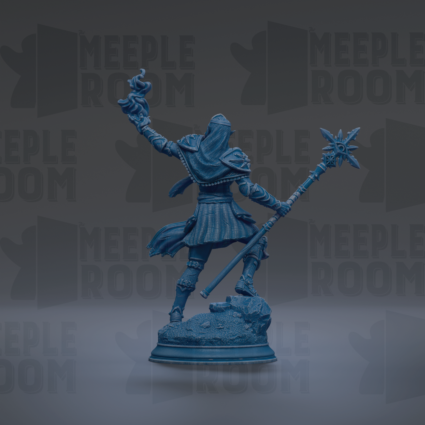 A blue statue of a figure holding a staff and a flame, standing on a rock.