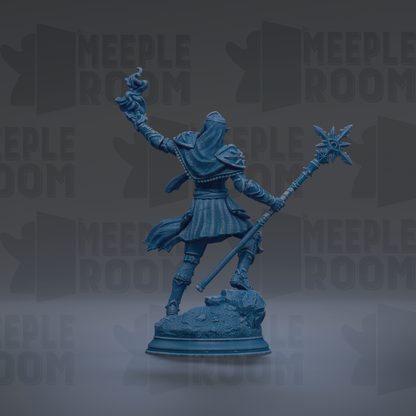 A blue statue of a figure holding a staff and a flame, standing on a rock.