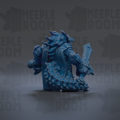A 3D rendering of a blue armored figure holding a sword, with the text "MEUPLE ROOM" repeated in the background.