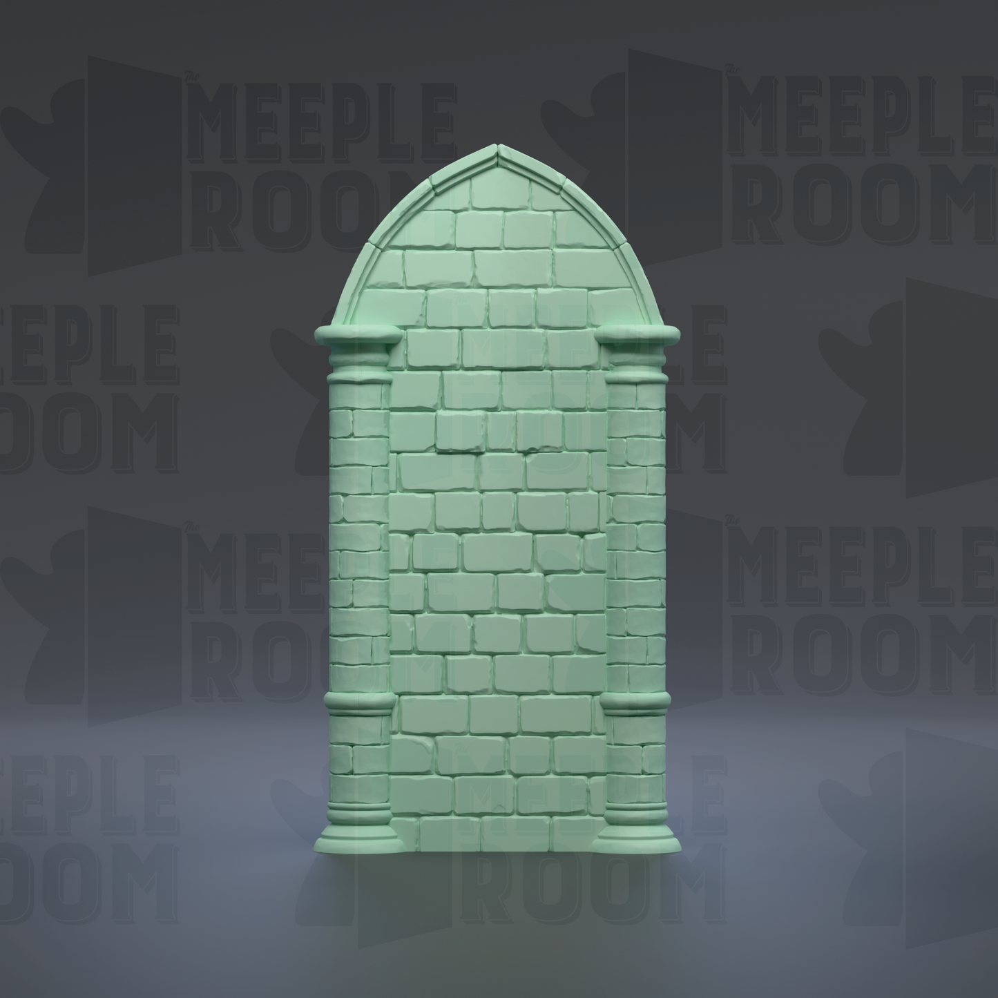 A green brick archway with two columns, set against a dark background with repeated text.