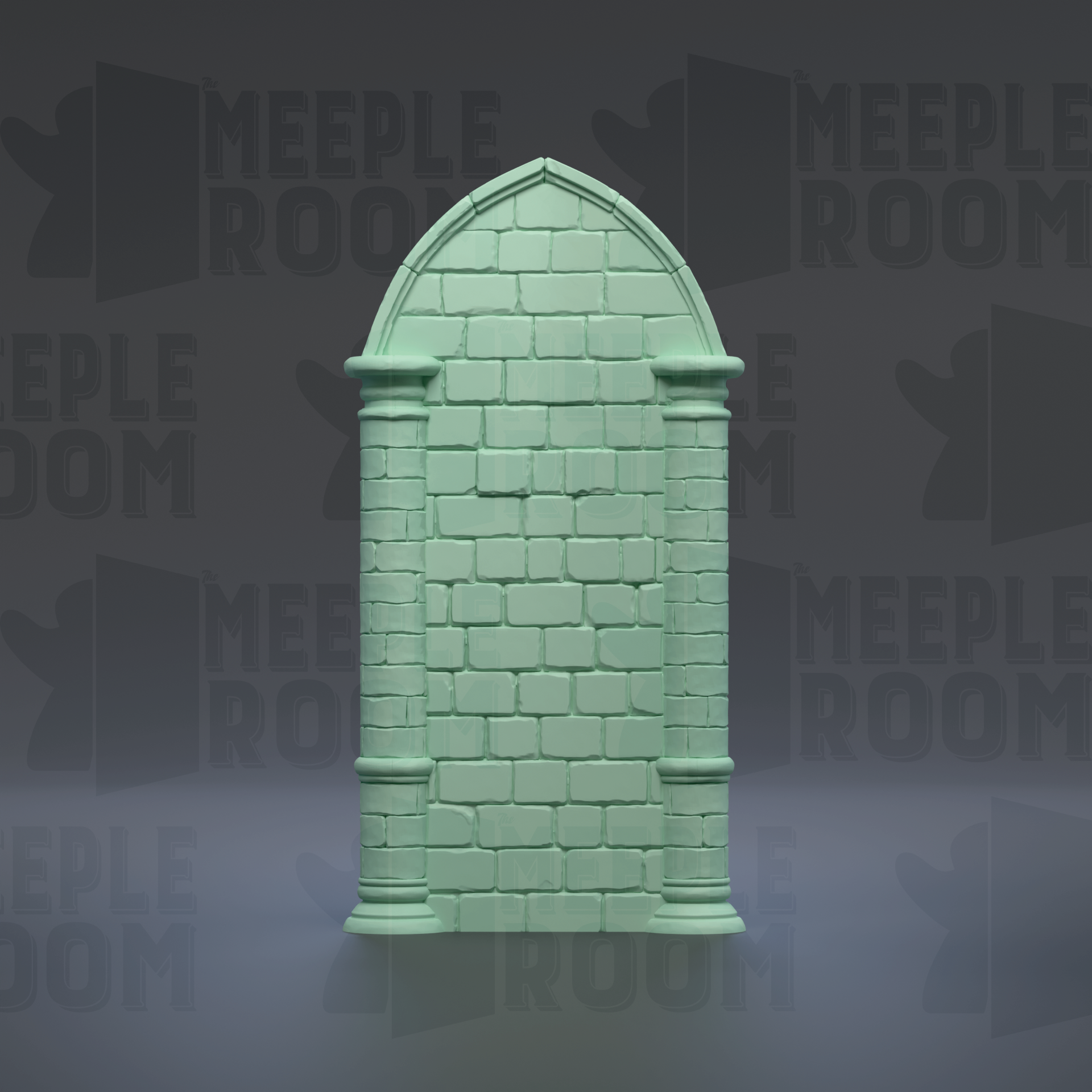 A green brick archway with two columns, set against a dark background with repeated text.