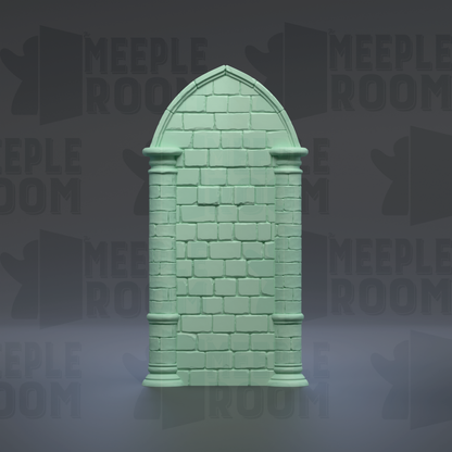 A green brick archway with two columns, set against a dark background with repeated text.