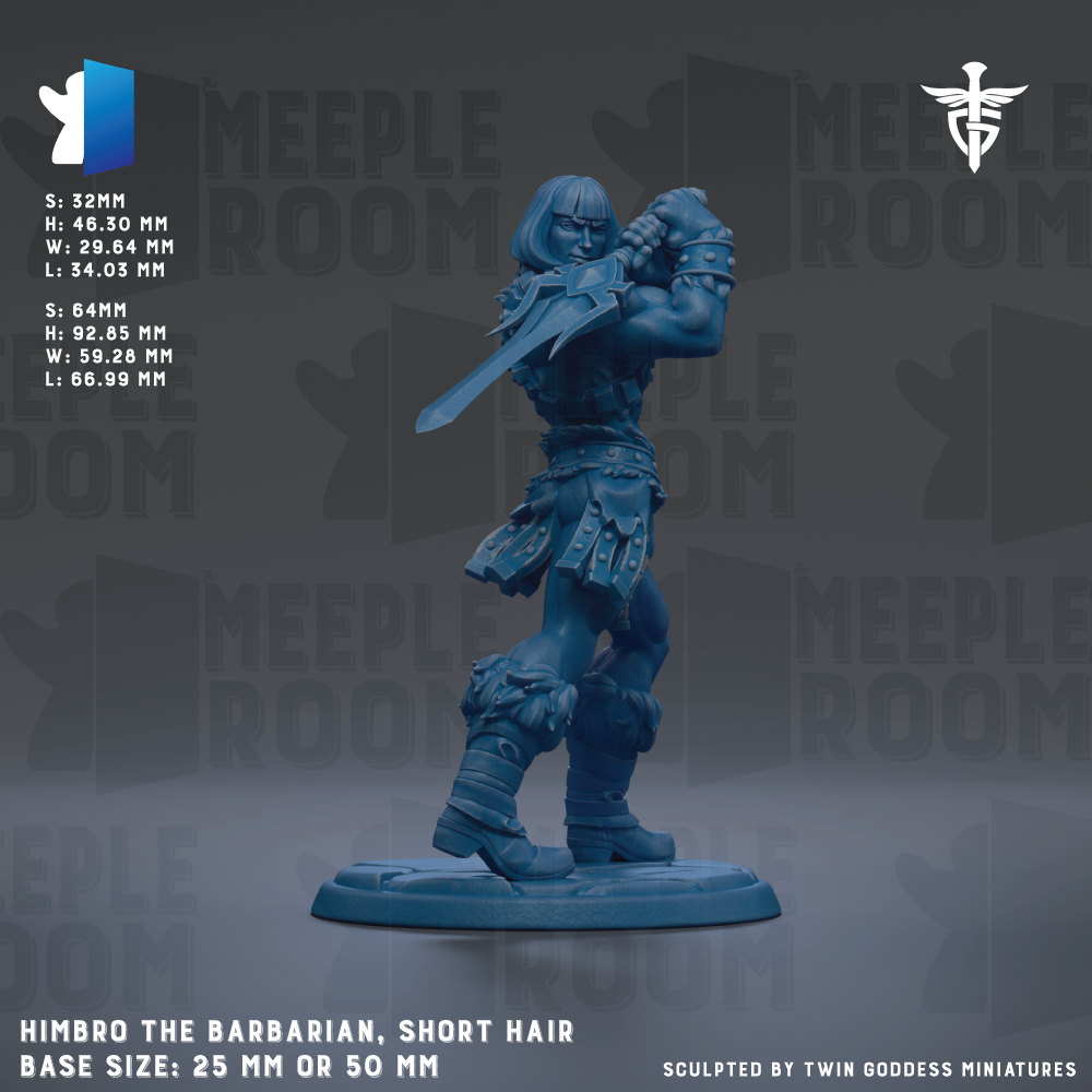 a figurine of a character named HIMBRO, the barbarian, with short hair, standing in a fighting stance with a sword. The figurine is described as having a base size of 25mm or 50mm.