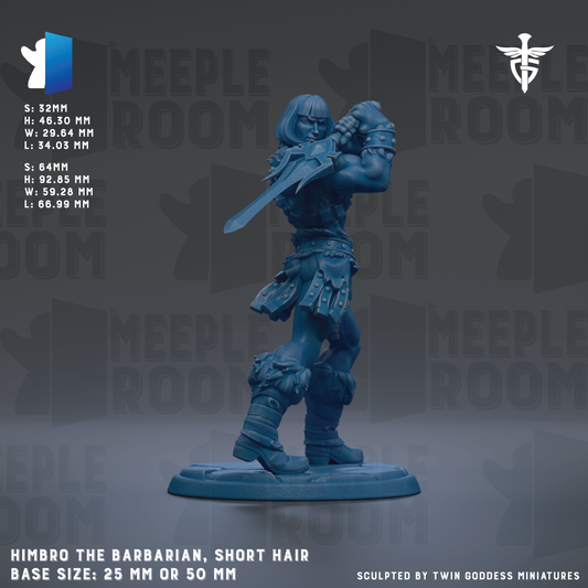 a figurine of a character named HIMBRO, the barbarian, with short hair, standing in a fighting stance with a sword. The figurine is described as having a base size of 25mm or 50mm.