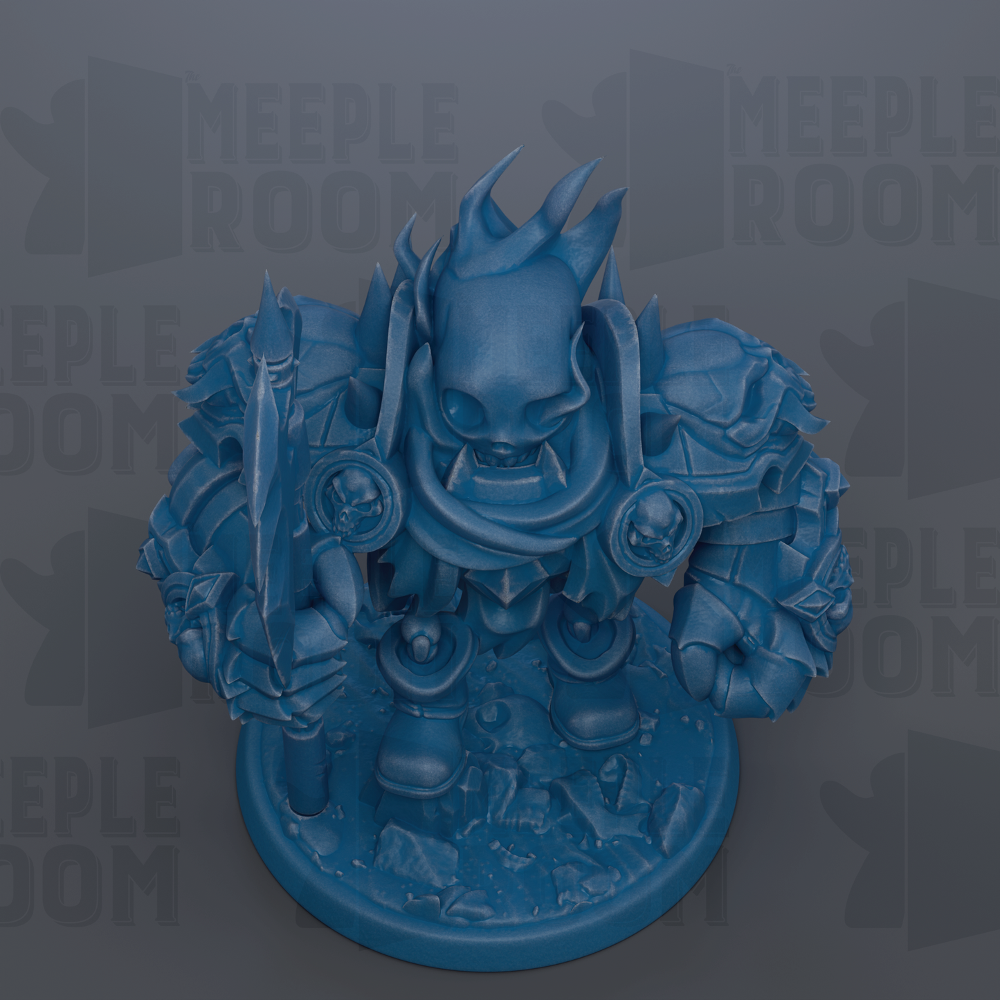 A blue, 3D-rendered fantasy character with a skull-like face and a large, imposing body, standing on a base.
