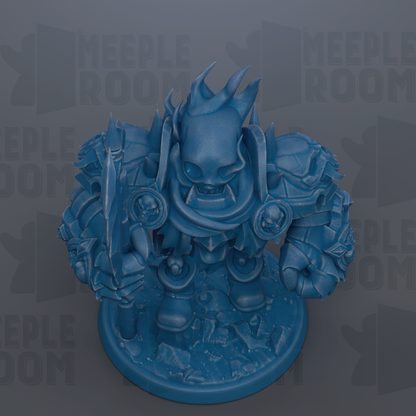 A blue, 3D-rendered fantasy character with a skull-like face and a large, imposing body, standing on a base.
