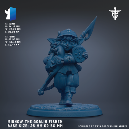 The image is a 3D model of a figurine of a female character, likely a dwarf or elf, with a blue color scheme. The figurine is depicted in a dynamic pose, holding a shield and a sword. The base size of the figurine is 25 mm or 50 mm, depending on the perspective. The image is described as a "MINNOW THE GOBlin FISHER" and is sculpted by "TWIN GODESS MINUTES".