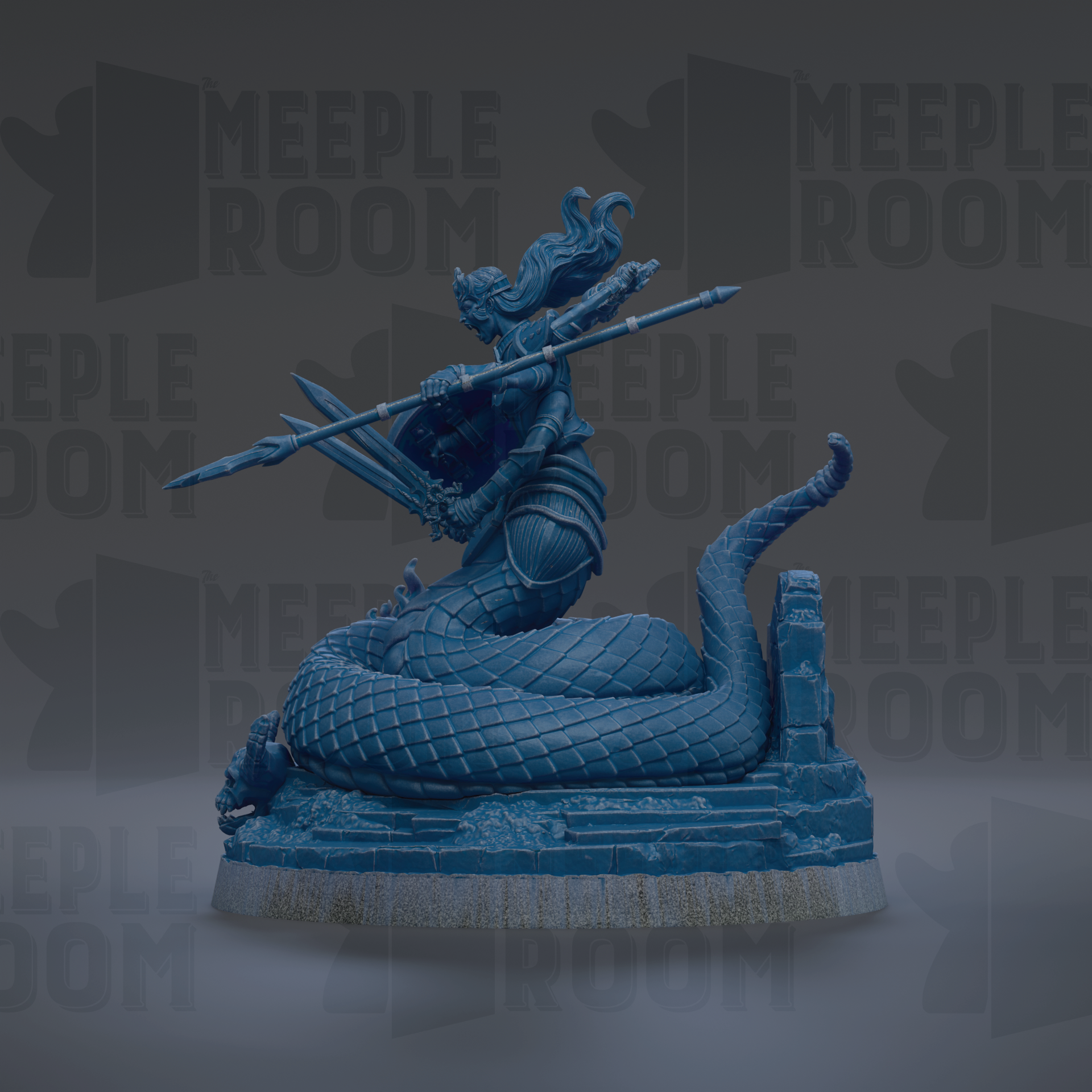 A blue statue of a woman with a snake-like creature on her back, holding a spear and standing on a platform.