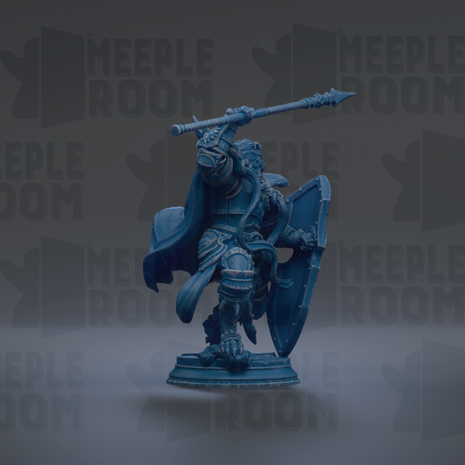 A blue warrior figurine with a shield and sword stands in the center of the image against a dark background with repeated text.