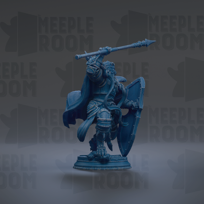 A blue warrior figurine with a shield and sword stands in the center of the image against a dark background with repeated text.