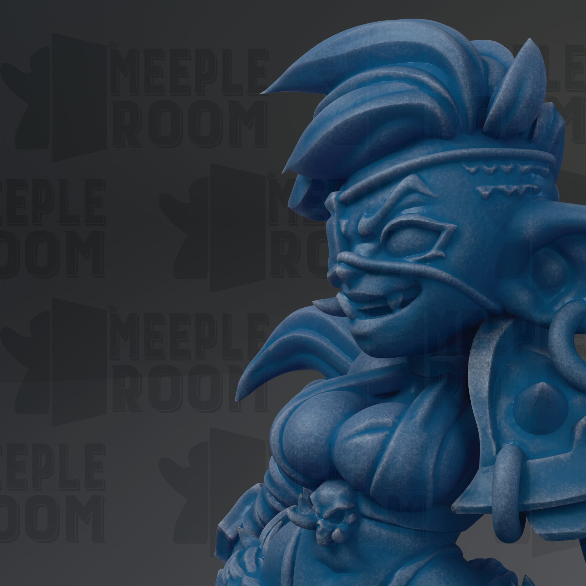 A close-up of a blue, stylized character with a fierce expression, possibly a character from a video game or animated film.