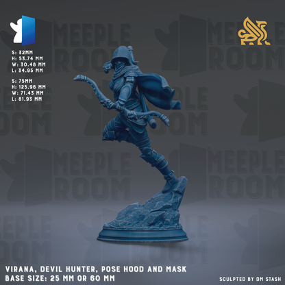 The image is a 3D model of a figurine of a character named Virana, who is a Devil Hunter. The figurine is posed in a dynamic, action-packed stance, with a hood and mask. The base size of the figurine is either 25mm or 60mm. The image is a collage of various images, and it is not a description of each individual image. The image does not include any specific details about the character's appearance or the context in which it is displayed.