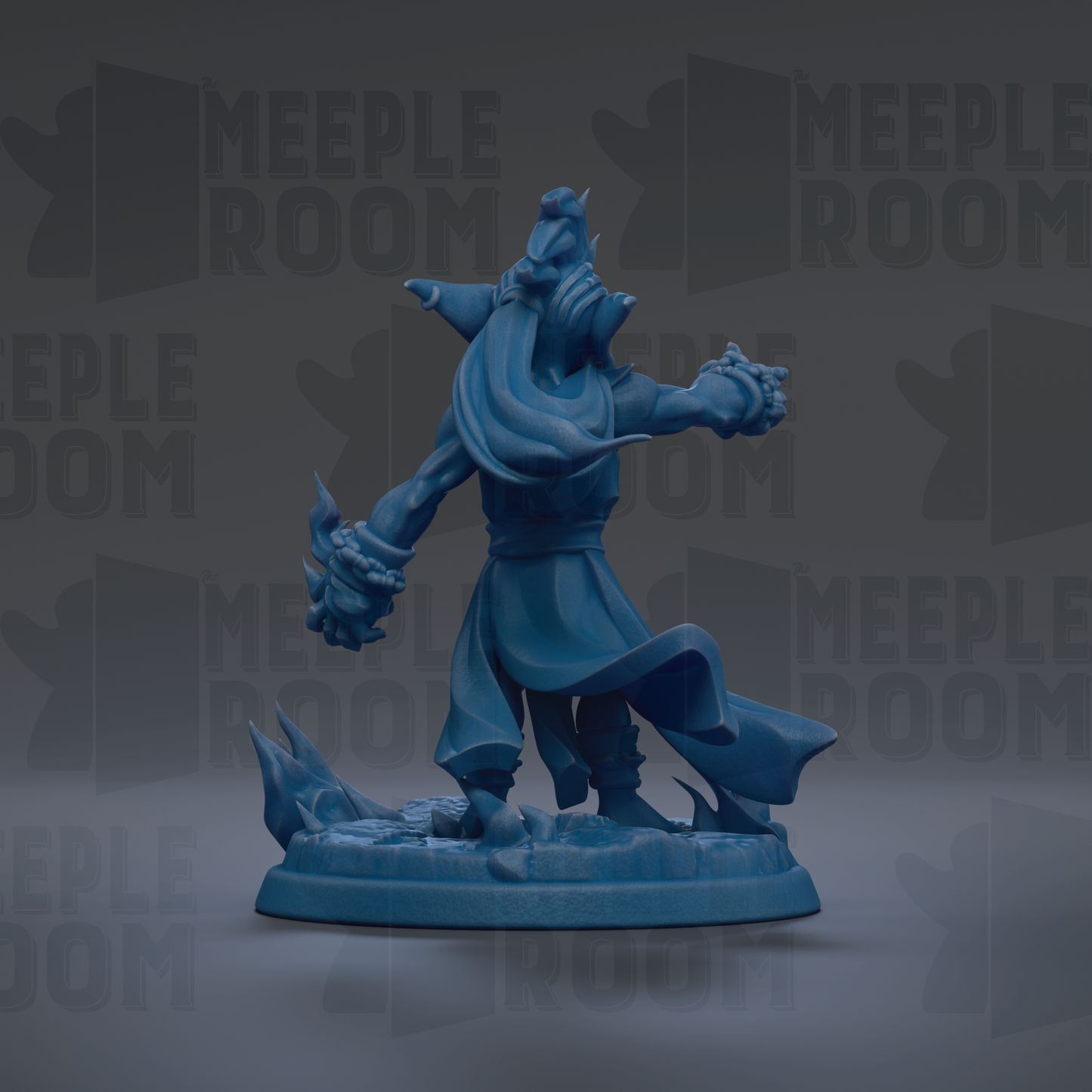 A blue figurine of a character with a flowing cape and a large headdress, standing on a base and holding a weapon.