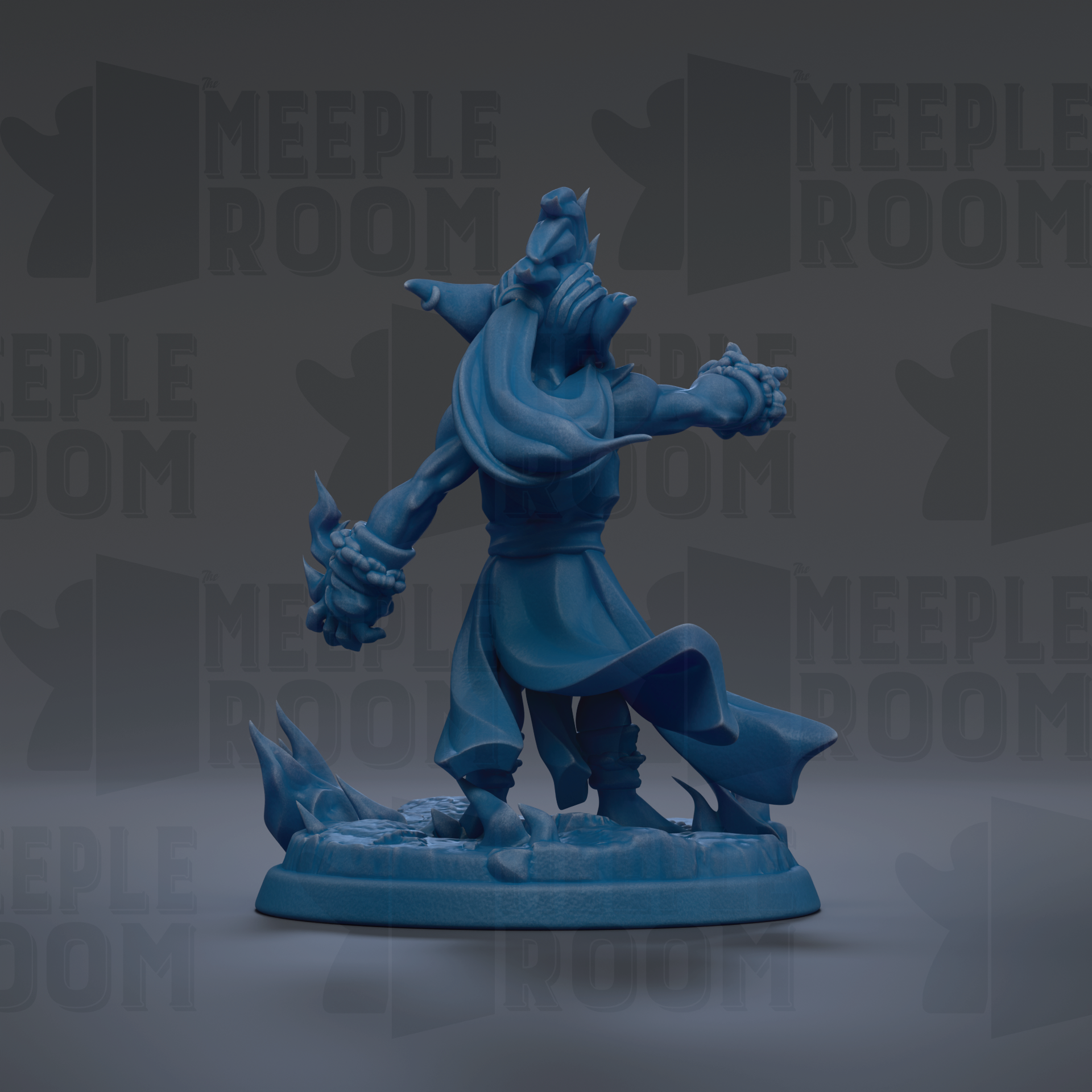 A blue figurine of a character with a flowing cape and a large headdress, standing on a base and holding a weapon.