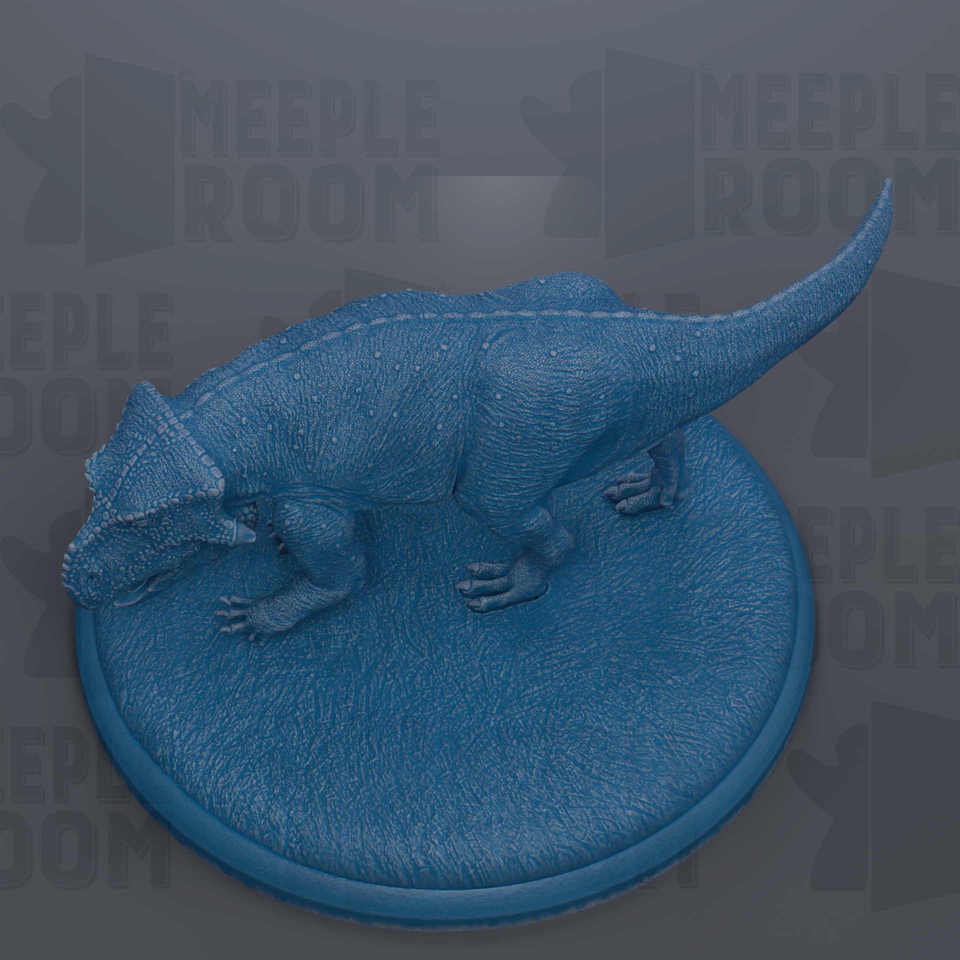 A 3D rendering of a blue dinosaur figurine on a circular base.