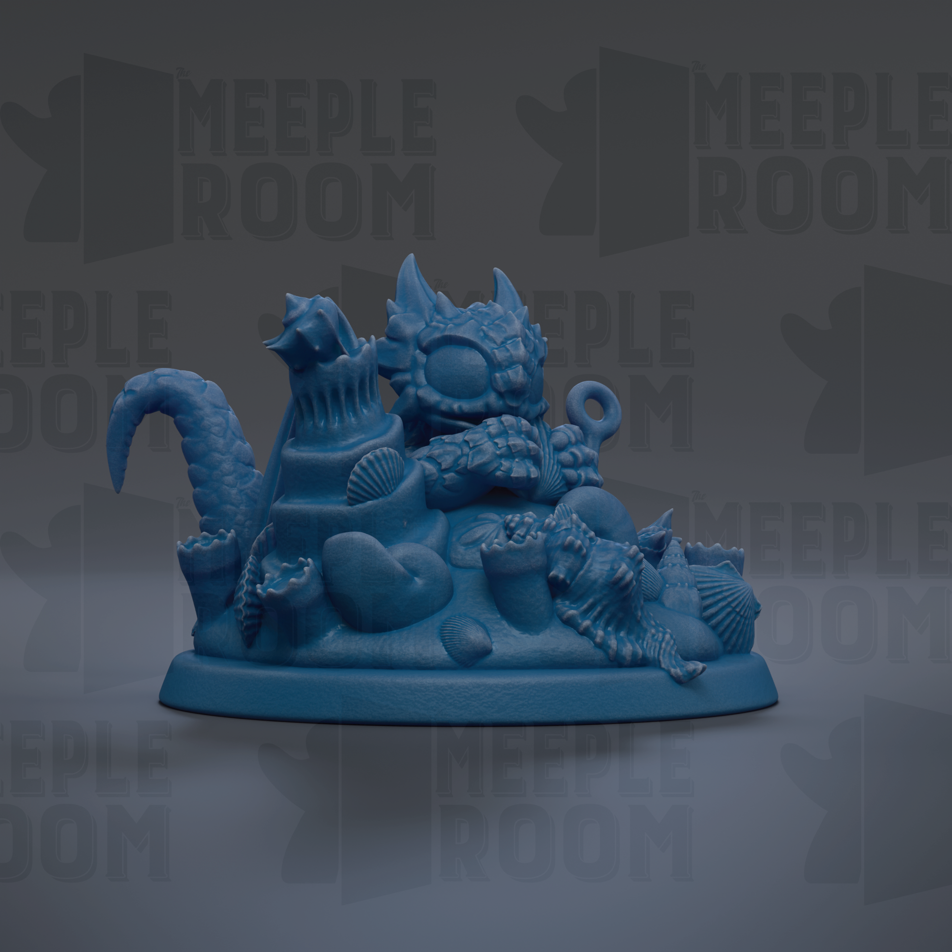 A blue figurine of a dragon-like creature sitting on a base, surrounded by various sea creatures, against a dark background with repeated text.