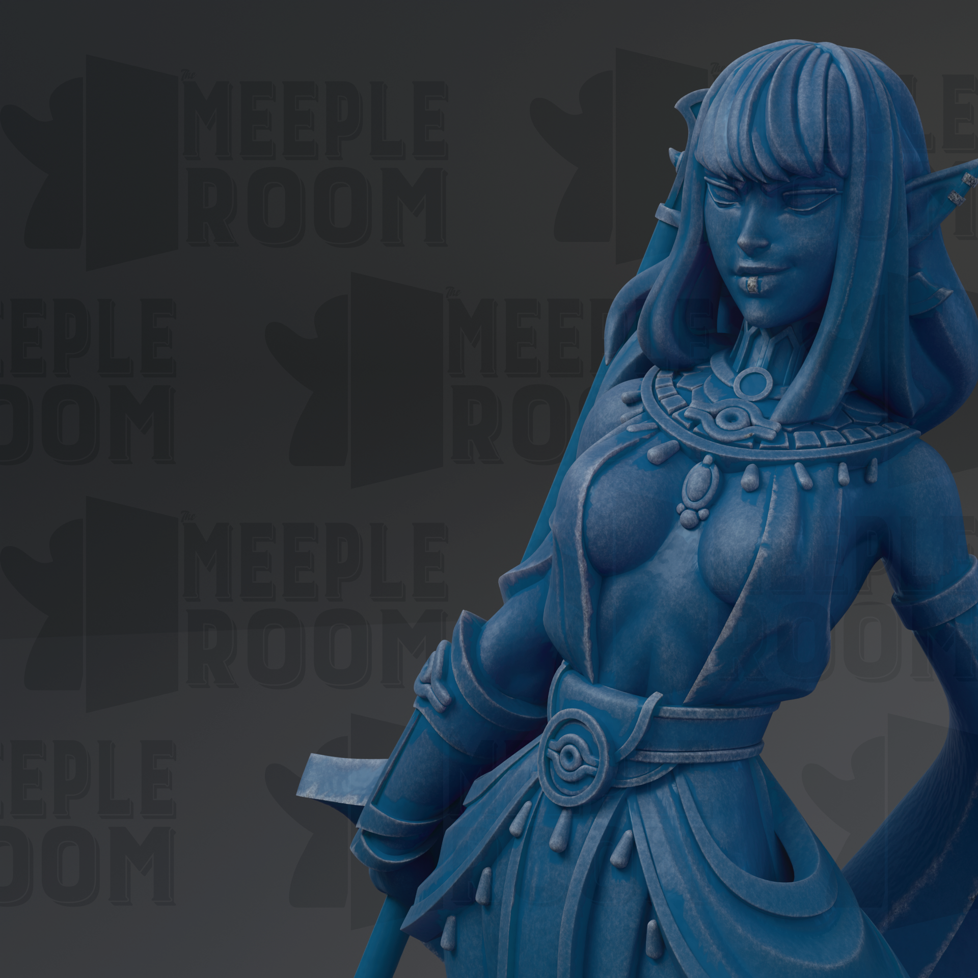 A blue statue of a woman with long hair and a flowing dress, holding a weapon, is the main focus of the image.