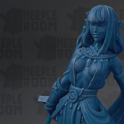 A blue statue of a woman with long hair and a flowing dress, holding a weapon, is the main focus of the image.