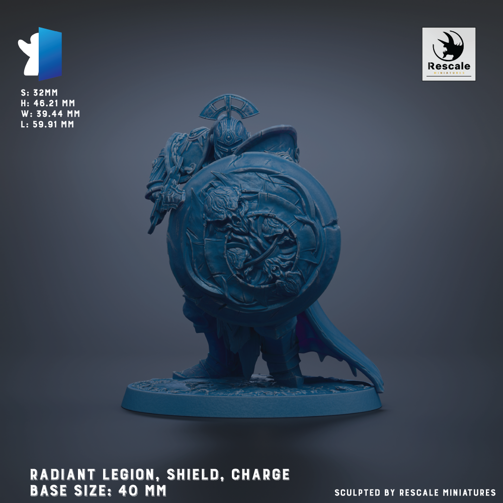 a detailed model of a radiant legion, shield, and charge, with a base size of 40 mm.