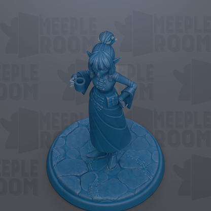 A blue figurine of a person standing on a blue base, with the text "MEIPLLE ROOM" repeated in the background.