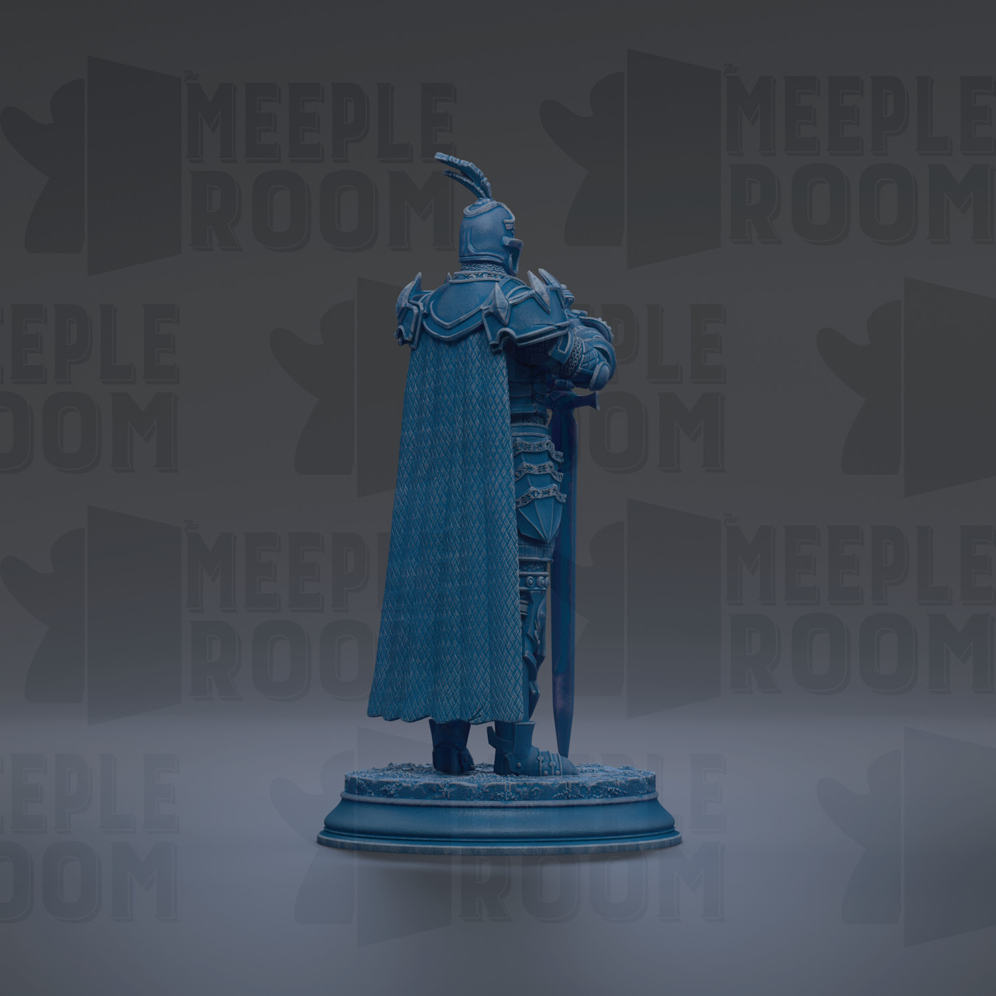 A blue statue of a knight standing on a pedestal, wearing a cape and holding a sword.