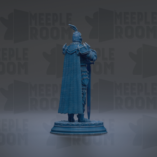 A blue statue of a knight standing on a pedestal, wearing a cape and holding a sword.
