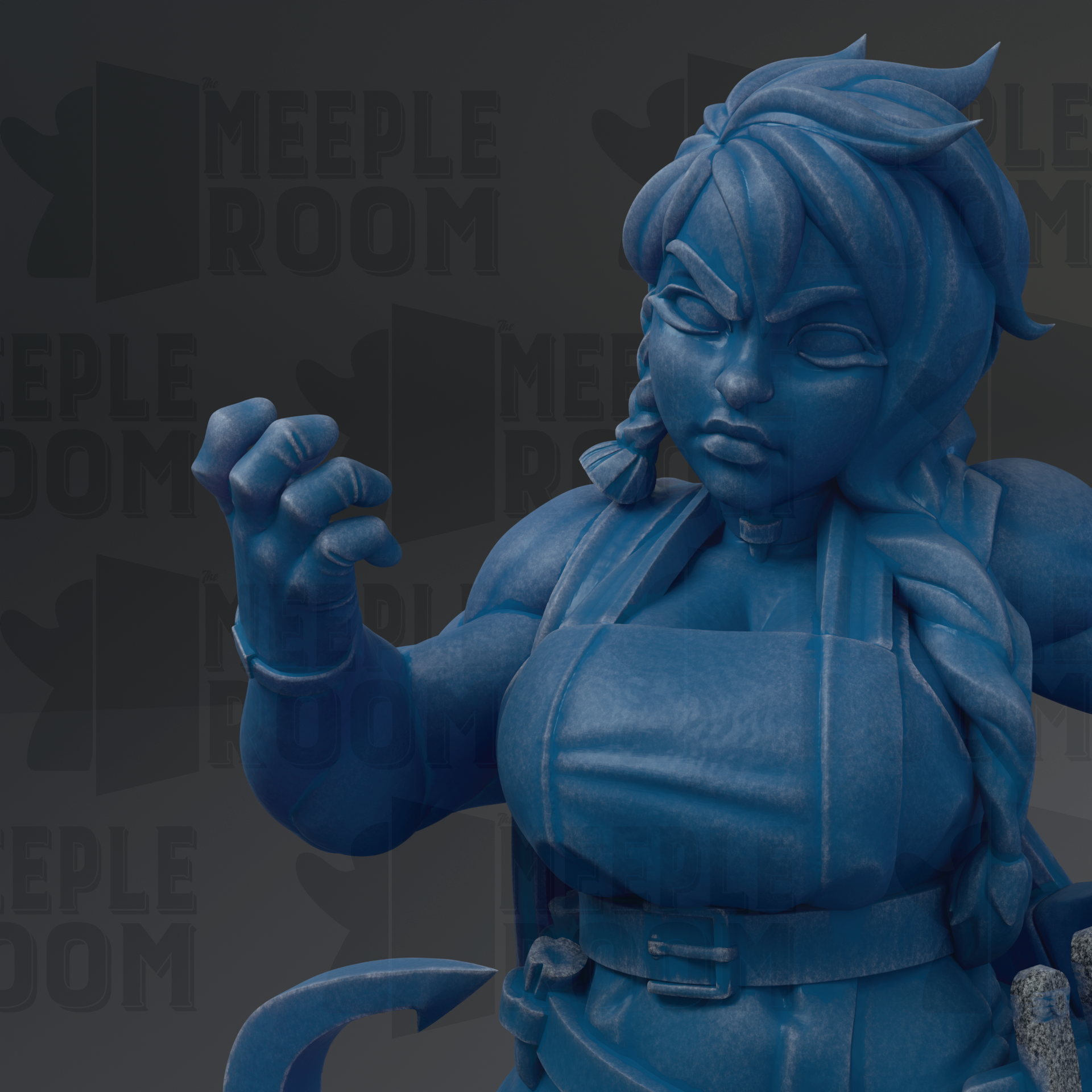 A close-up of a blue, cartoonish female character with a serious expression, wearing a belt and holding a weapon.