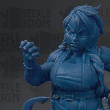 A close-up of a blue, cartoonish female character with a serious expression, wearing a belt and holding a weapon.